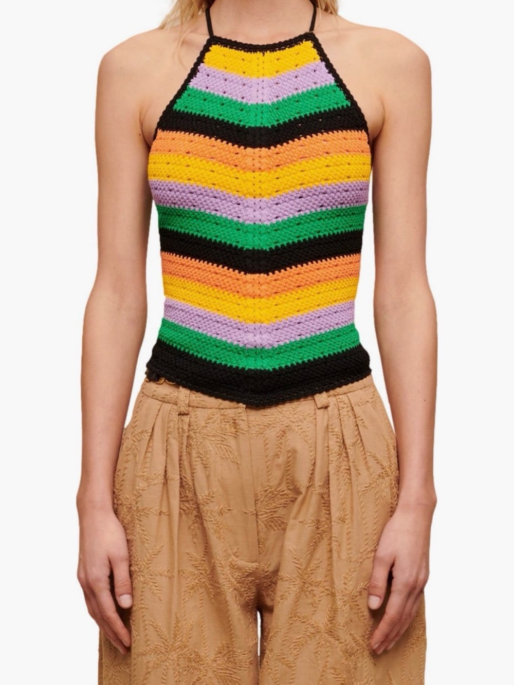 Maje Matrix Crochet Halter Neck Top Multicolor Chevron Lace-Up Back NWT Size 1-S